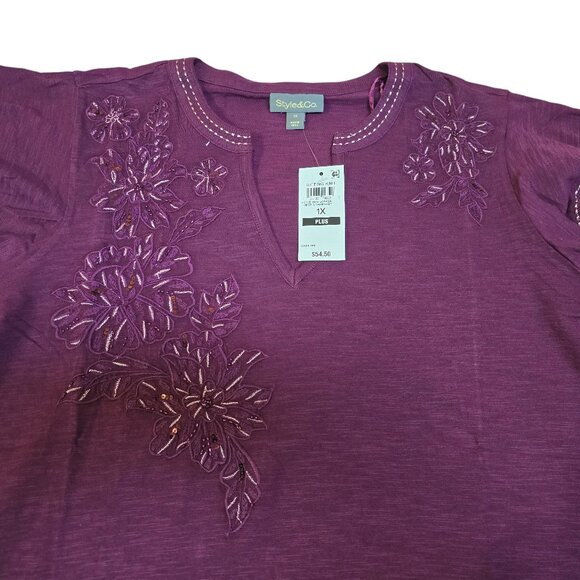 Style & Co Cotton Embroidered Flutter-Sleeve Knit Top 1X NWT Deep Cranberry - Picture 5 of 8